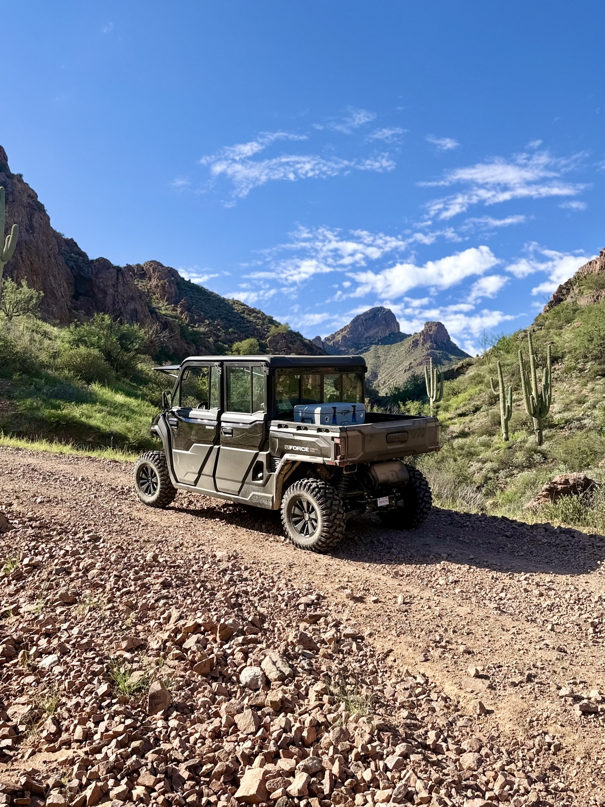 The side-by-side parked on a rocky canyon trail lined with saguaros, cooler in the dump bed